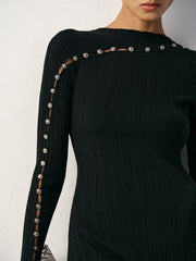 Beads Contrast Color Ribbed Knit Split-Joint Bodycon Irregularity High Neck Midi Dresses