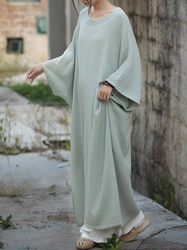 Solid Color Split-Joint Split-Side Batwing Sleeves Round-Neck Midi Dresses