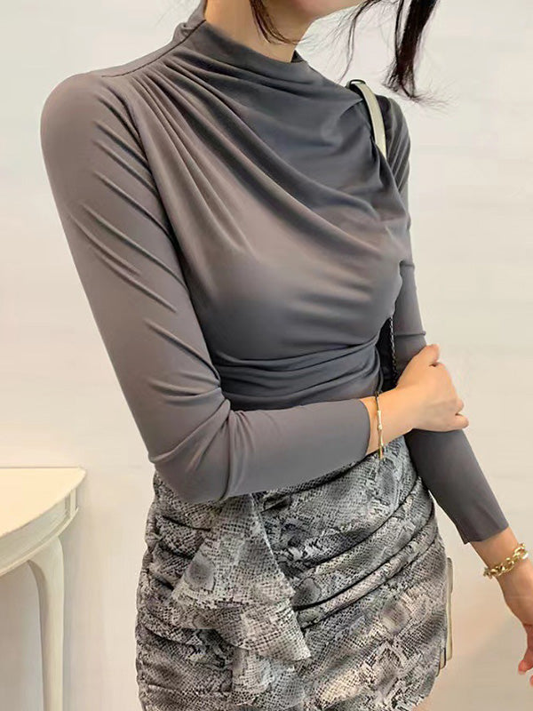 Pleated Solid Color Long Sleeves Skinny Mock Neck T-Shirts Tops