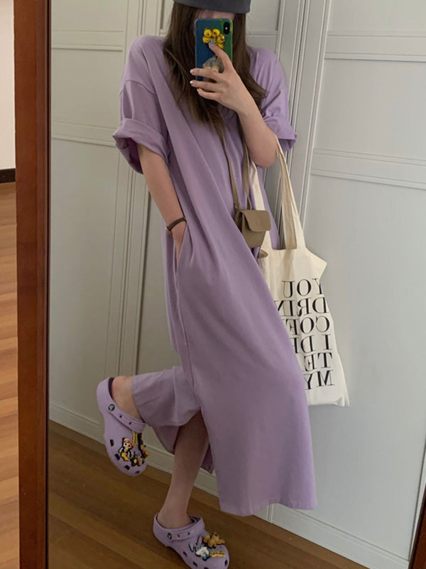 Casual Loose Short Sleeves Split-Side Solid Color Round-Neck Midi Dresses