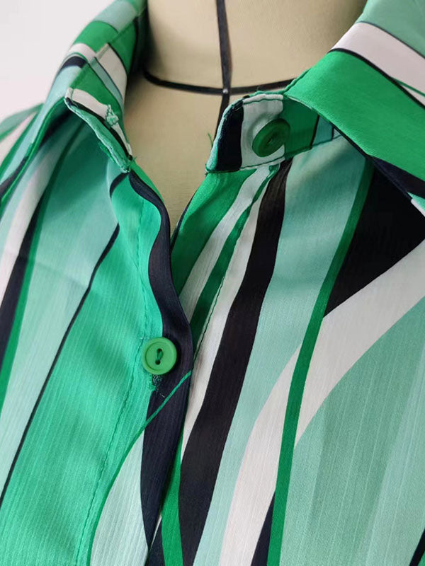 Contrast Color Striped Long Sleeves Loose Lapel Blouses