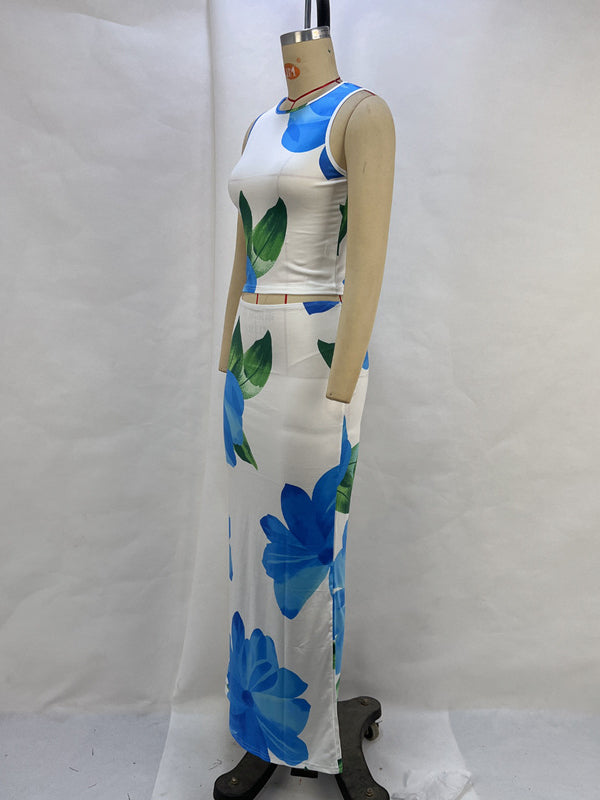 Round-Neck Sleeveless Flower Print Vest Top + Bodycon Skirts Bottom Two Pieces Set
