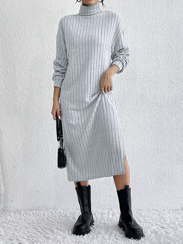 No Belt Solid Color Split-Side Long Sleeves Loose High Neck Midi Dresses