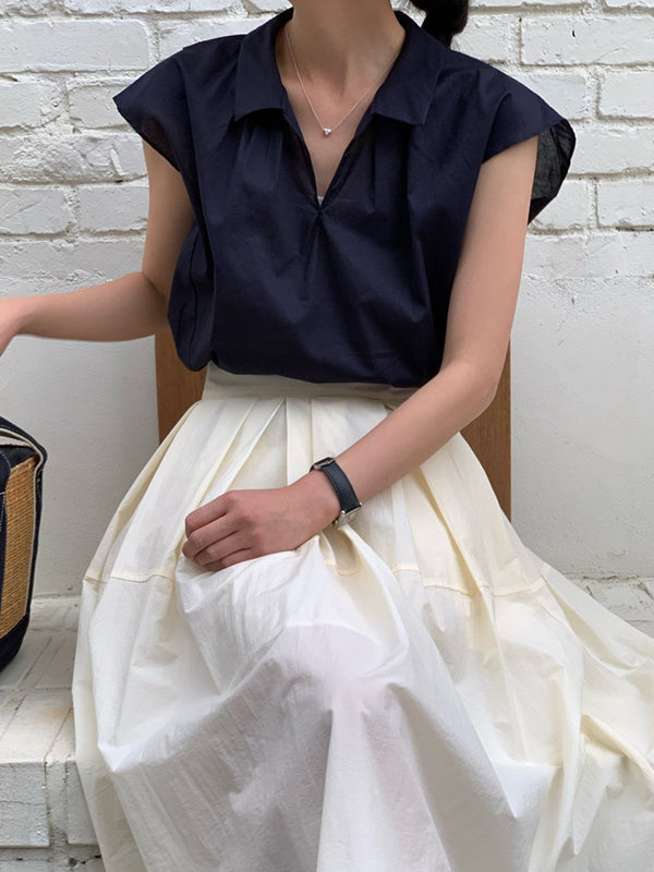 Solid Color Cap Sleeve Loose Lapel Blouses&Shirts Tops