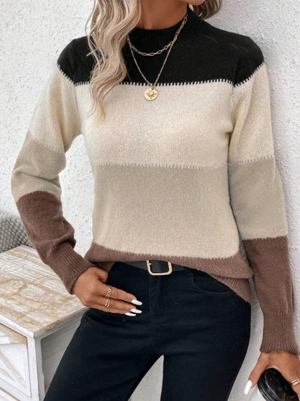 Contrast Color Long Sleeves Round-Neck Sweater Tops Pullovers