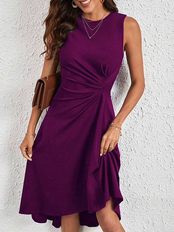 Asymmetric Pleated Solid Color Split-Joint A-Line High Waisted Round-Neck Midi Dresses