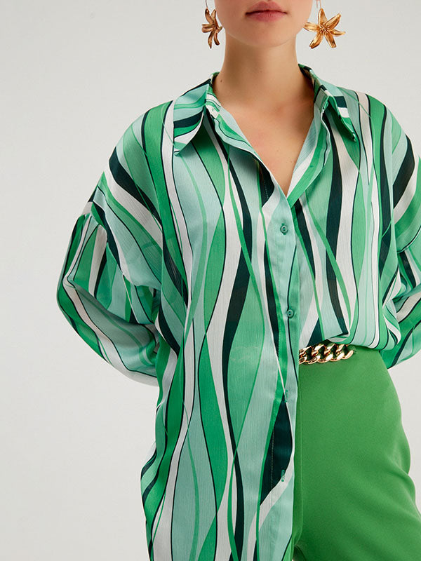 Contrast Color Striped Long Sleeves Loose Lapel Blouses