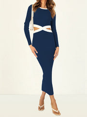 Hollow High Waisted Long Sleeves Round-Neck Midi Dresses