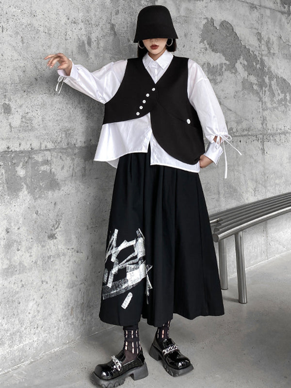 Original Loose Lace-Up Hollow Sleeve Blouse+Black Vest+Wide Leg Pants Culotte Three Pieces Set