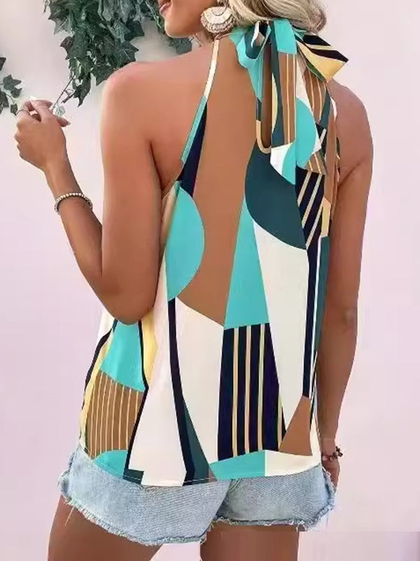 Pleated Printed Loose Sleeveless Halter-Neck Vest Top