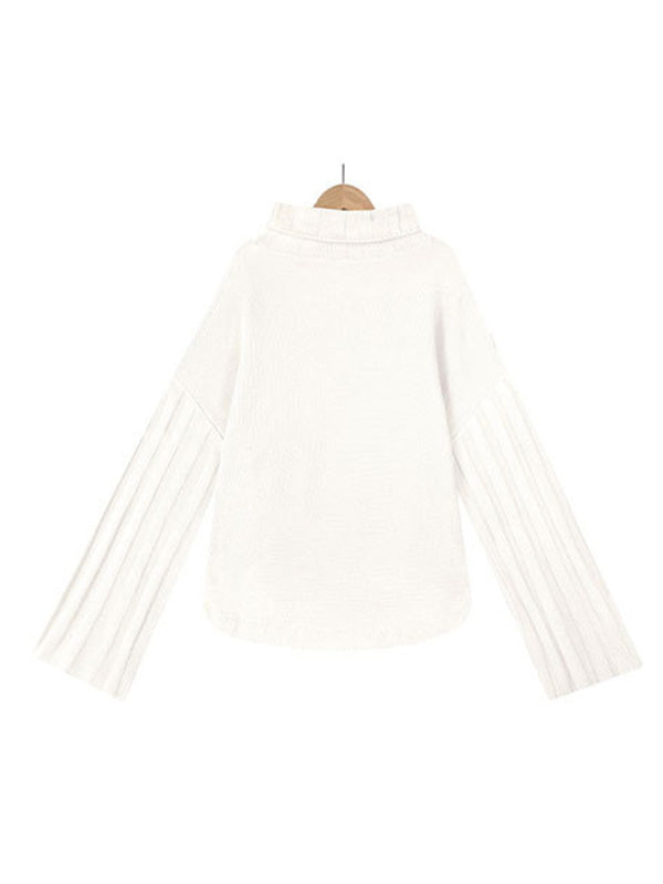 Loose Long Sleeves Solid Color High-Neck With Pockets Sweater Tops