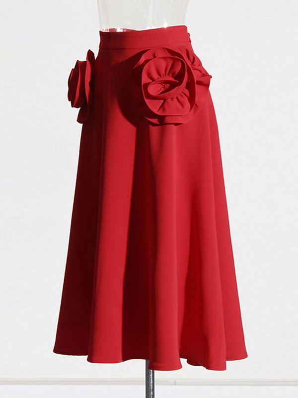 Ruffled Solid Color Three-Dimensional Flower Zipper A-Line Loose Skirts Bottoms