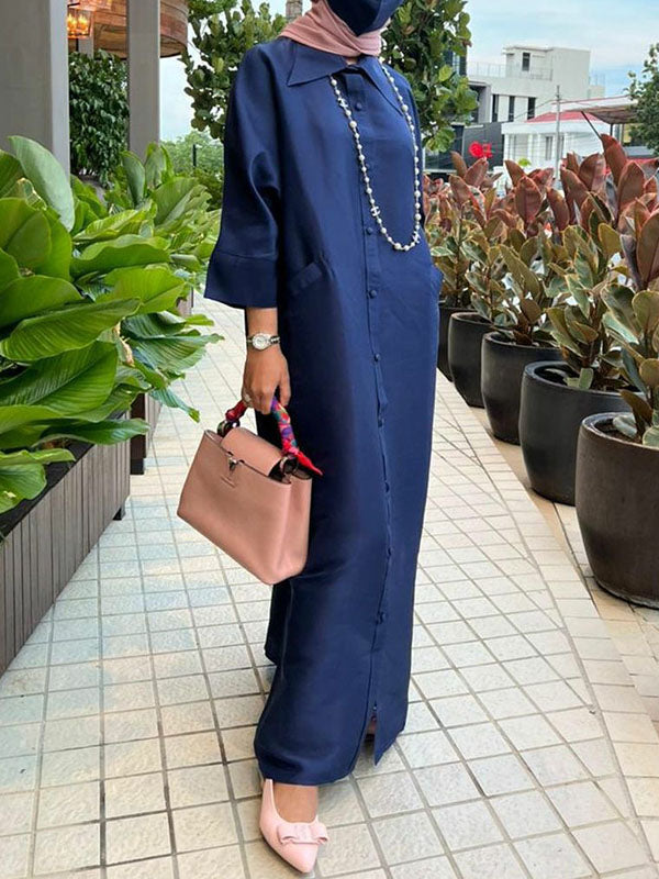 Buttoned Pockets Solid Color Split-Side Long Sleeves Loose Lapel Shirt Dress Maxi Dresses