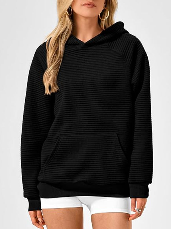 Pockets Solid Color Split-Joint Hooded Long Sleeves Hoodies Tops