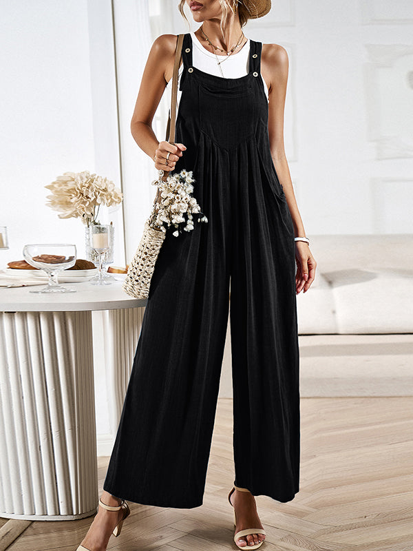 Pleated Pockets Split-Joint Loose Sleeveless Spaghetti-Neck Overalls