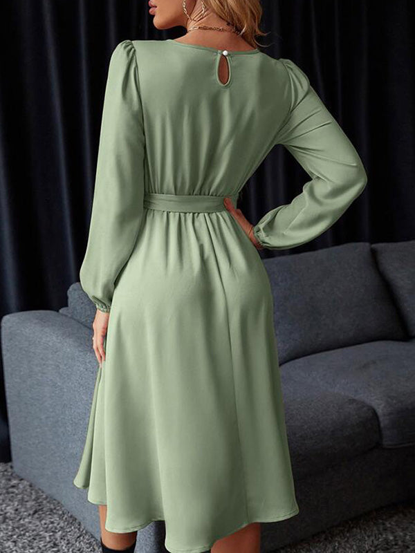 Elasticity Pleated Solid Color Split-Joint Tied Waist Loose Puff Sleeves Round-neck Midi Dresses