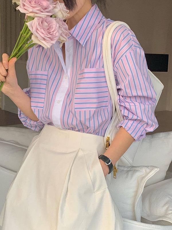 Buttoned Contrast Color Pockets Striped Long Sleeves Loose Lapel Blouses&Shirts Tops