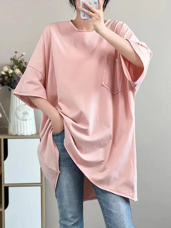 Asymmetric Solid Color Half Sleeves Loose Round-neck T-shirts