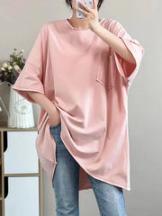 Asymmetric Solid Color Half Sleeves Loose Round-neck T-shirts