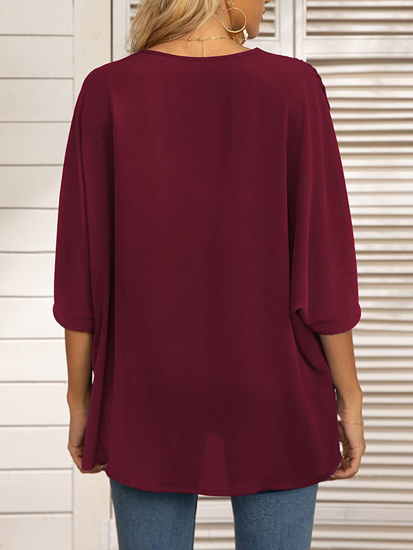 Split-Joint Batwing Sleeves Loose V-neck Blouses&shirts Tops