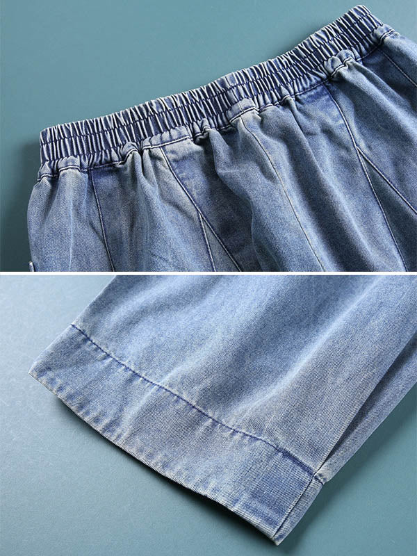 Leisure Solid Denim Puff Pants Bottoms