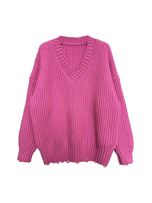 Hollow Solid Color Long Sleeves Loose V-Neck Sweater Tops Pullovers