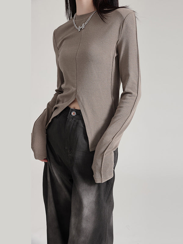 Solid Color Split-front Long Sleeves Skinny Round-neck T-Shirts Tops