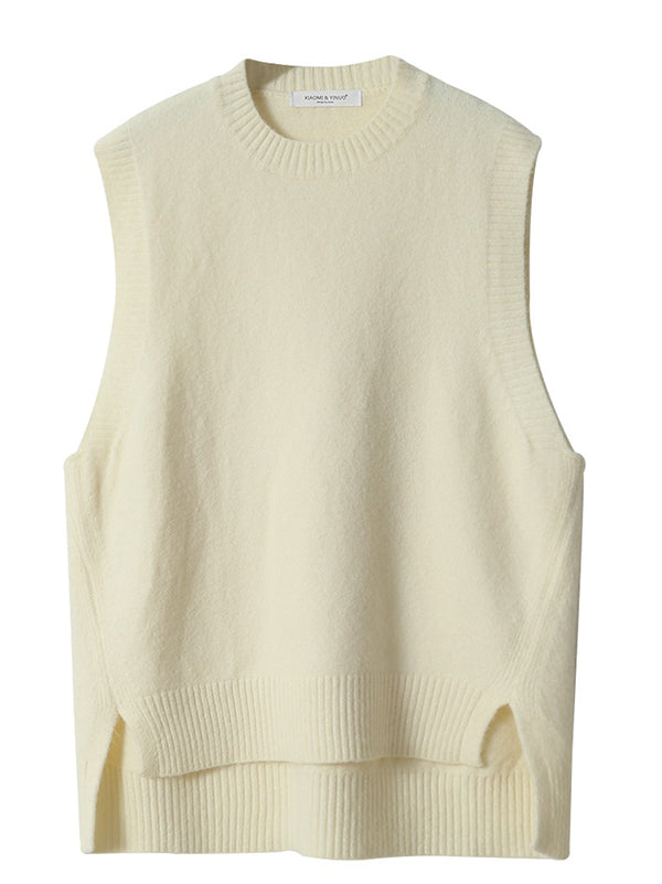 Solid Color Split-Joint Split-side High-low Loose Round-neck Vest Top Knitwear