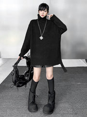 Buttoned Ribs Solid Color Split-Joint Irregularity Long Sleeves High Neck Sweater Tops