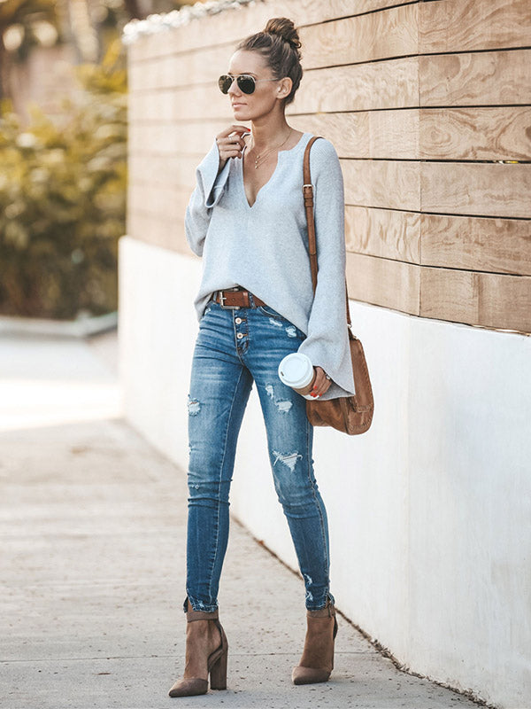 Casual Long Sleeves Loose Solid Color V-Neck Sweater Tops