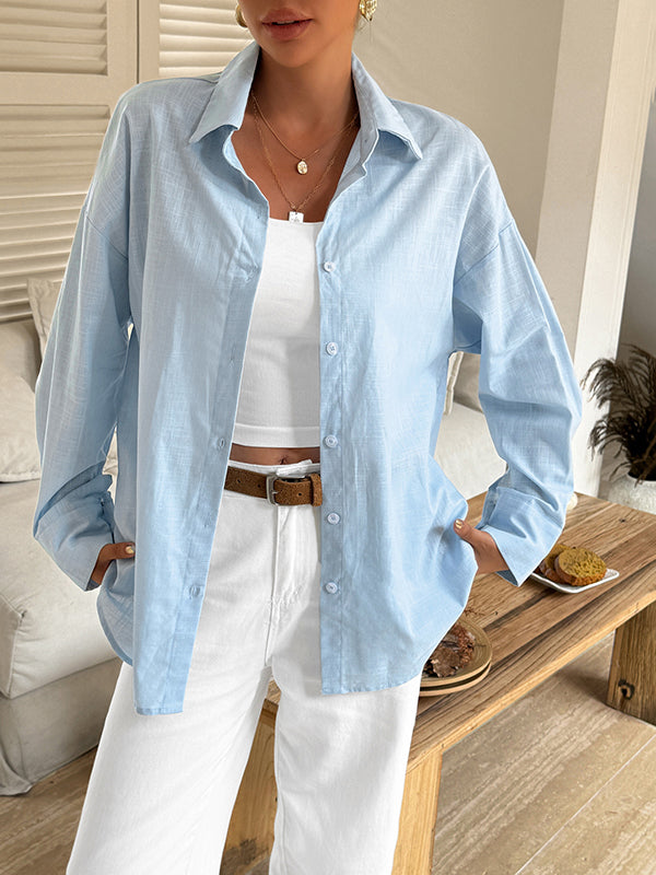 Buttoned Solid Color Long Sleeves Loose Lapel Blouses&shirts Tops