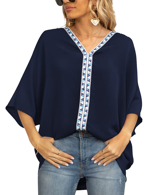 Split-Joint Batwing Sleeves Loose V-neck Blouses&shirts Tops
