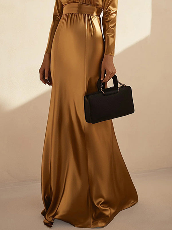 Pleated Shiny Solid Color Split-Joint Tied Waist Long Sleeves Loose High Neck Maxi Dresses Evening Dresses