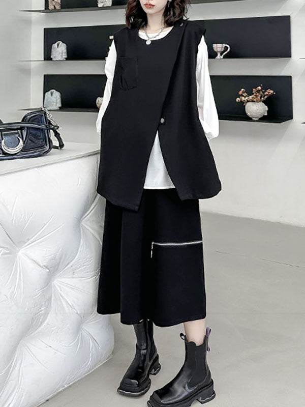 Asymmetric Zipper Loose Sleeveless Round-Neck Vest Top