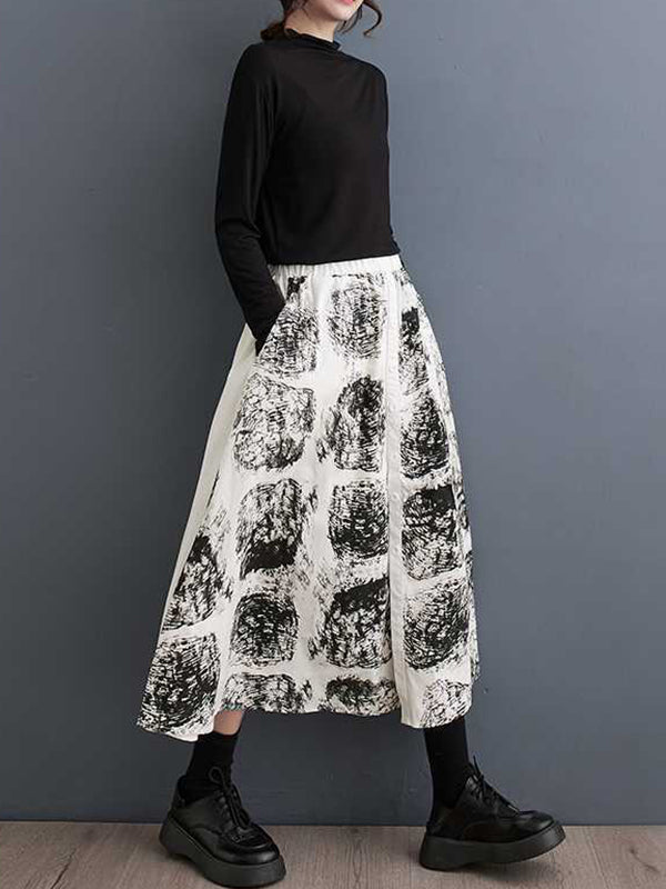Contrast Color Elasticity Printed Split-Joint A-Line Loose Skirts