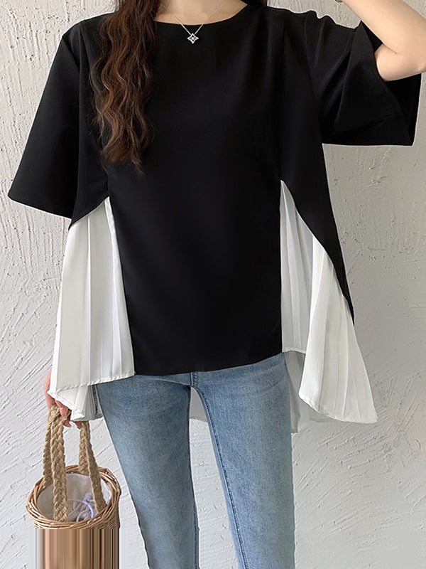 Split-Joint Half Sleeves Irregularity Round-Neck T-Shirts Tops