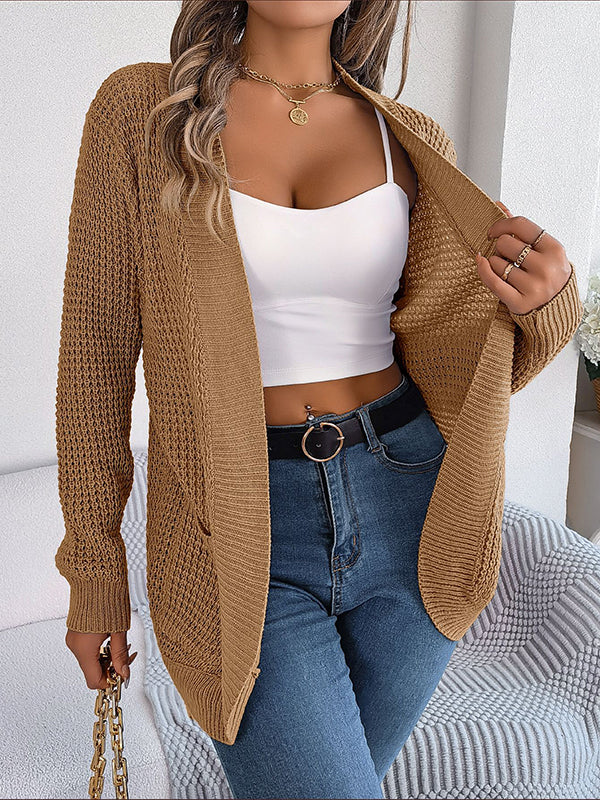Pockets Solid Color Split-Joint Long Sleeves Loose Collarless Cardigan Tops