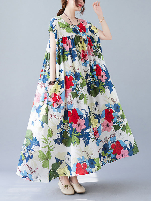 Original Loose Artistic Retro Floral Printed Pleated Midi Dress