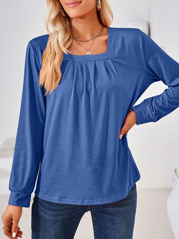 Pleated Solid Color Long Sleeves Loose Square-Neck T-Shirts Tops