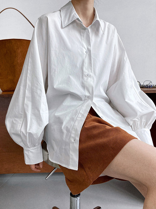 Buttoned Pleated Solid Color Long Sleeves Loose Lapel Blouses&Shirts Tops