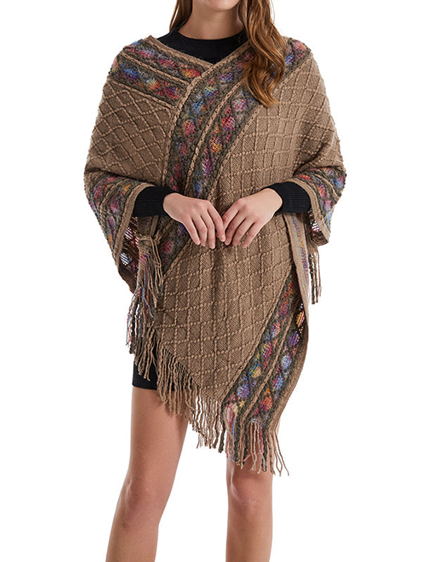 Asymmetric Tasseled Loose V-Neck Shawl&Cloak Cape