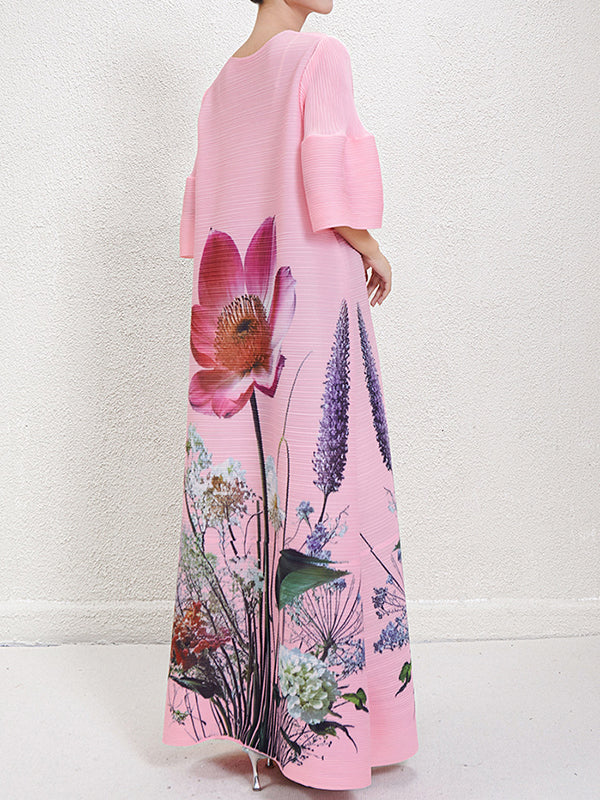 Flower Print Pleated A-Line Flared Sleeves V-Neck Maxi Dresses