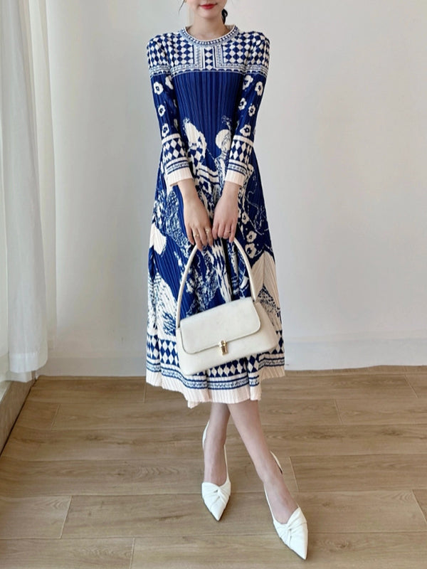 Pleated Printed A-Line Loose Round-Neck Midi Dresses