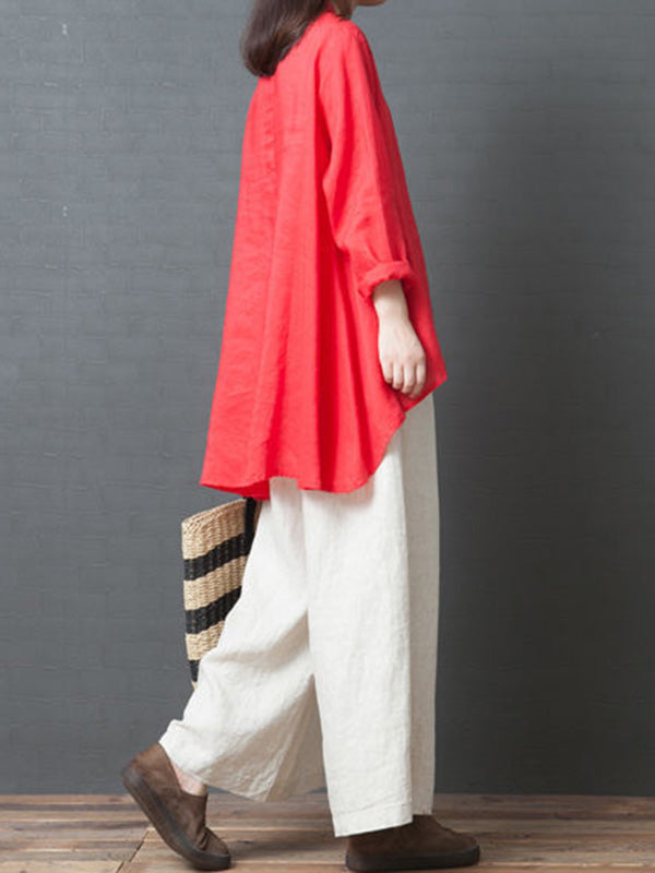 Linen Solid Color Round-Neck Puff Sleeve Blouse Tops
