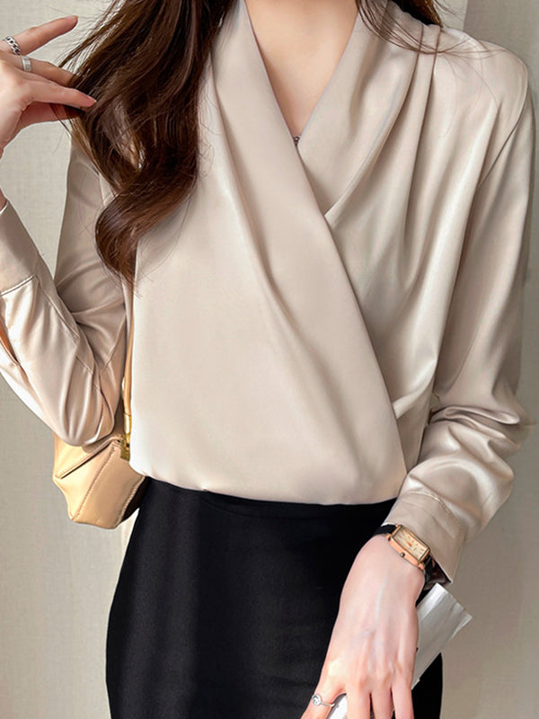 Buttoned Solid Color Long Sleeves Loose V-Neck Blouses&Shirts Tops