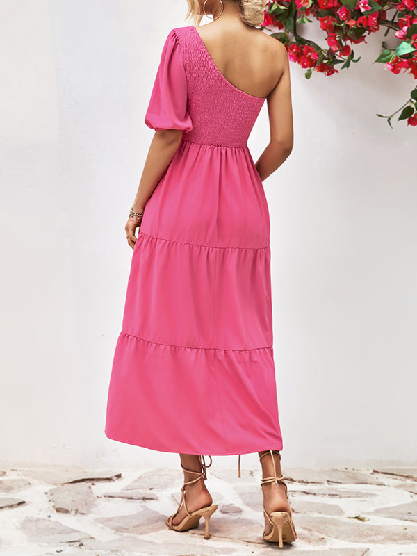 Solid Color Loose Puff Sleeves One-Shoulder Midi Dresses