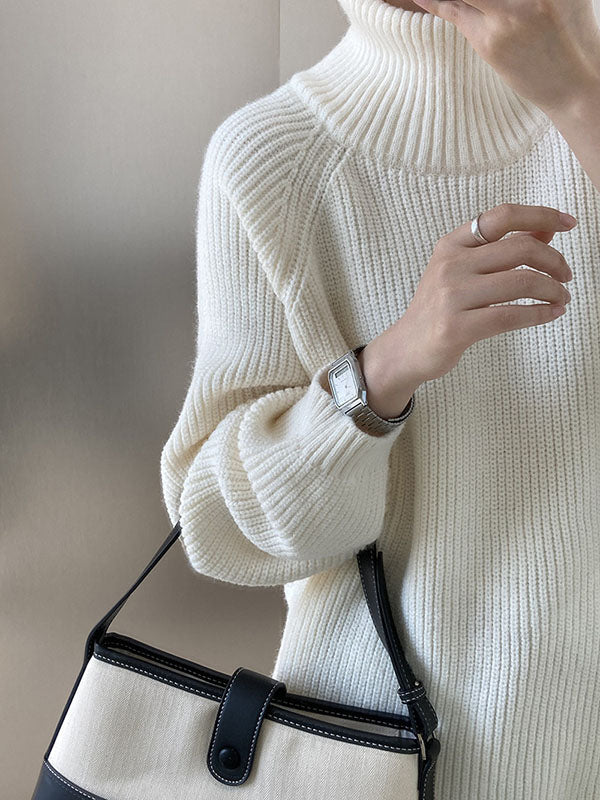 Urban Loose Long Sleeves Split-Side Solid Color Zipper Halter-Neck Sweater Tops