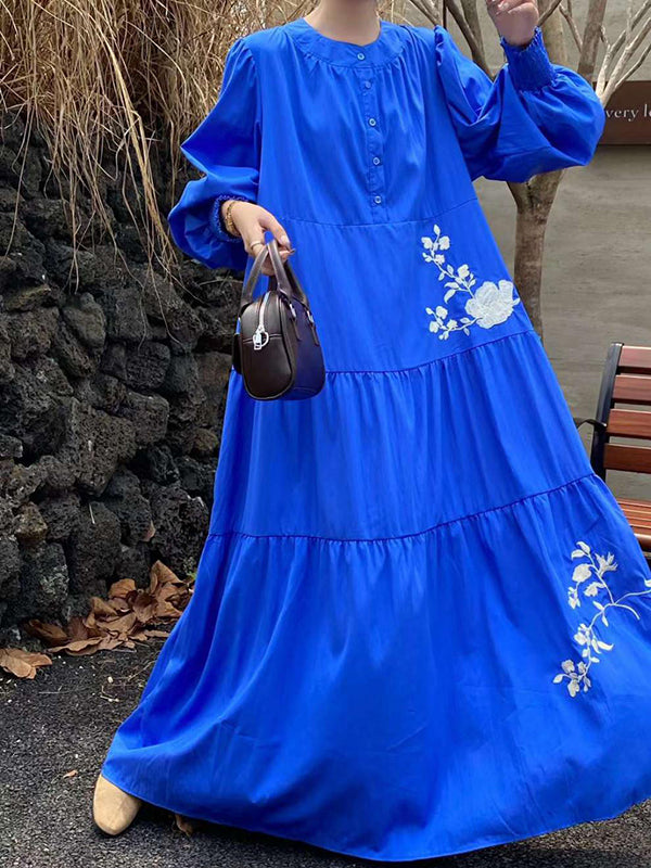 Buttoned Embroidered Pleated Pockets Split-Joint Tied Waist High Waisted Long Sleeves Round-Neck Maxi Dresses
