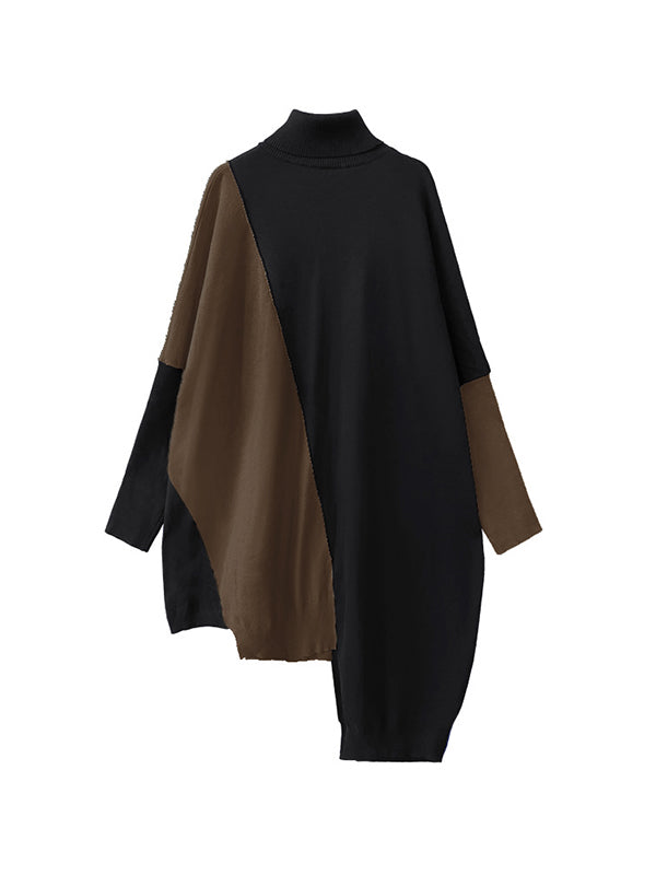 Asymmetric Contrast Color Split-Joint Batwing Sleeves Hipster High-neck Sweater Dresses Midi Dresses