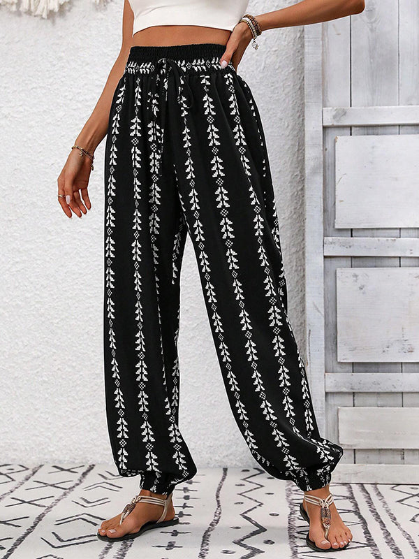 Drawstring Elasticity Pleated Printed High Waisted Loose Trousers Pants Knickerbockers